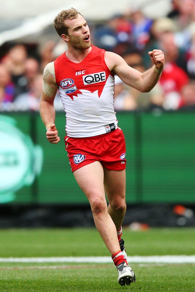 AFL 2016 Toyota AFL Grand Final - Sydney v Western Bulldogs MELBOURNE, AUSTRALIA - OCTOBER 01: Tom Mitchell of the Swans celebrates a goal during the 2016 Toyota AFL Grand Final match between the Sydney Swans and the Western Bulldogs at the Melbourne Cricket Ground on October 01, 2016 in Melbourne, Australia. (Photo by Michael Dodge/AFL Media)